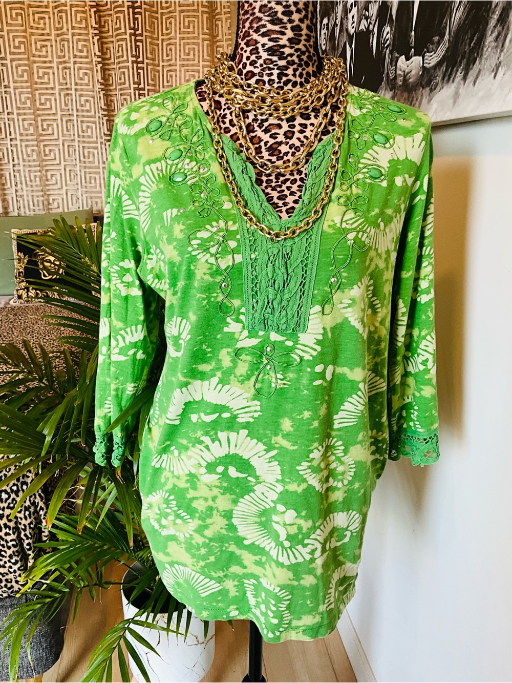 Green Tie-Dye Top with Gem Stones